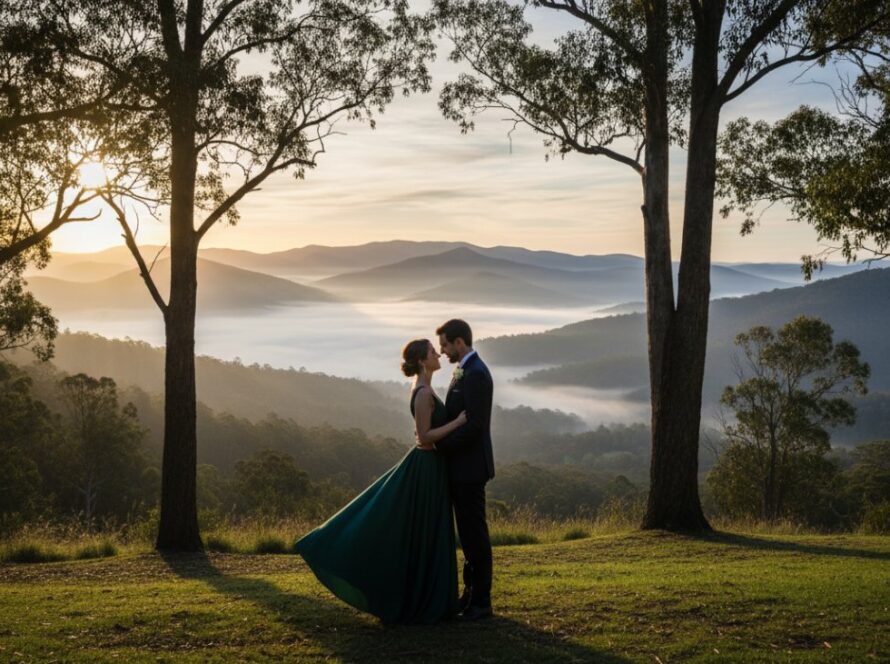 An epic moment captured in Emerald Victoria fine art portrait photography: A couple embraces gently amidst the mystical, soft morning fog rolling through towering mountain ash trees in a lush fern gully, sunlight just breaking through, illuminating their tender connection. The scene evokes a sense of timeless romance and ethereal beauty.