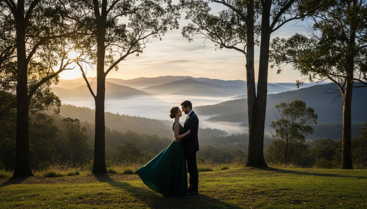An epic moment captured in Emerald Victoria fine art portrait photography: A couple embraces gently amidst the mystical, soft morning fog rolling through towering mountain ash trees in a lush fern gully, sunlight just breaking through, illuminating their tender connection. The scene evokes a sense of timeless romance and ethereal beauty.