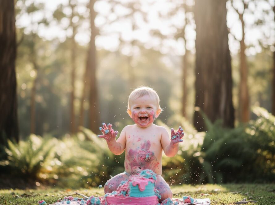 An adorable one-year-old child, covered in frosting, laughing joyfully during an outdoor Emerald Victoria first birthday cake smash photography session, with the lush Dandenong Ranges landscape blurred softly in the background under golden hour light, capturing an epic moment of pure, unbridled fun.