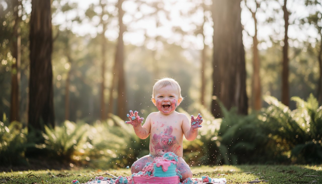 An adorable one-year-old child, covered in frosting, laughing joyfully during an outdoor Emerald Victoria first birthday cake smash photography session, with the lush Dandenong Ranges landscape blurred softly in the background under golden hour light, capturing an epic moment of pure, unbridled fun.