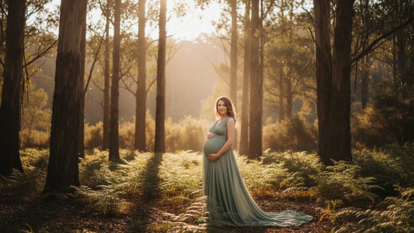 A pregnant woman in a flowing eucalyptus green gown stands gracefully amidst the golden hour light of a serene Emerald Victoria bushland setting, embodying Emerald Victoria maternity photography bushland serenity.