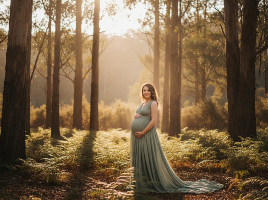 A pregnant woman in a flowing eucalyptus green gown stands gracefully amidst the golden hour light of a serene Emerald Victoria bushland setting, embodying Emerald Victoria maternity photography bushland serenity.