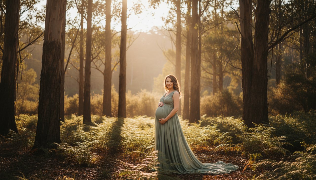 A pregnant woman in a flowing eucalyptus green gown stands gracefully amidst the golden hour light of a serene Emerald Victoria bushland setting, embodying Emerald Victoria maternity photography bushland serenity.