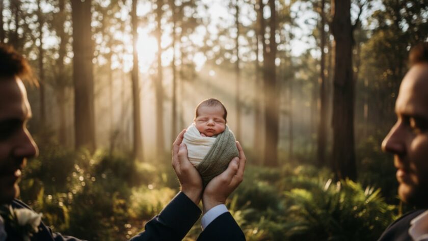 An intimate and artistic family portrait by an Emerald Victoria newborn photographer artistic family portraits, featuring a newborn gently held in parents' loving hands against a softly blurred, golden hour backdrop of the lush Dandenong Ranges.