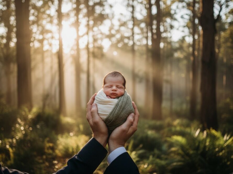 An intimate and artistic family portrait by an Emerald Victoria newborn photographer artistic family portraits, featuring a newborn gently held in parents' loving hands against a softly blurred, golden hour backdrop of the lush Dandenong Ranges.