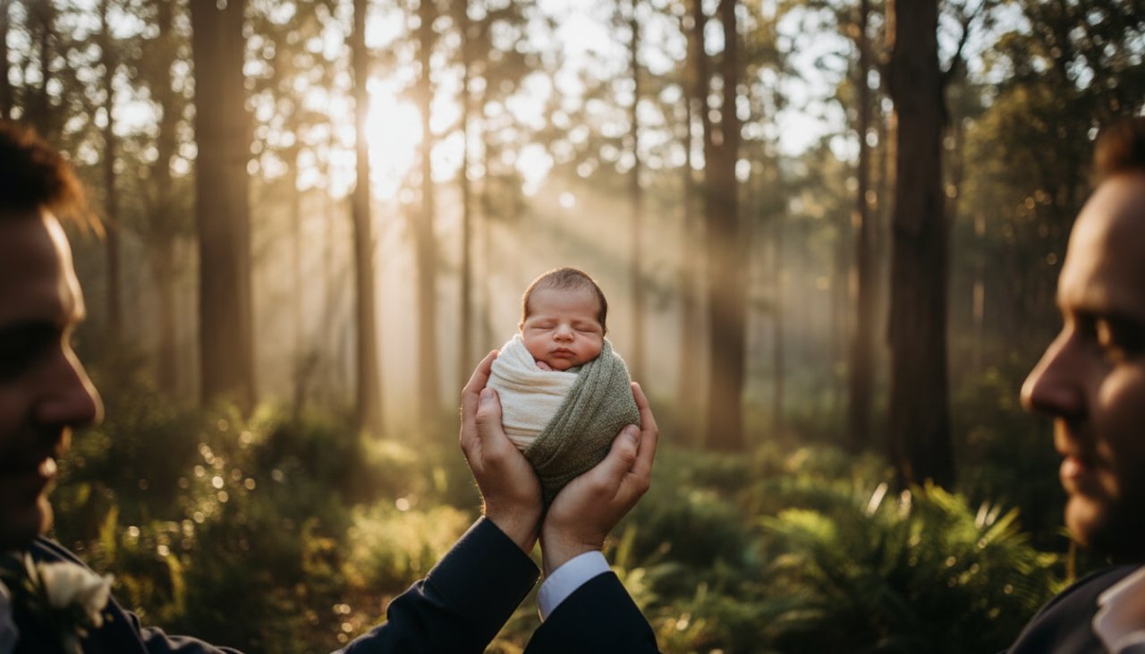 An intimate and artistic family portrait by an Emerald Victoria newborn photographer artistic family portraits, featuring a newborn gently held in parents' loving hands against a softly blurred, golden hour backdrop of the lush Dandenong Ranges.