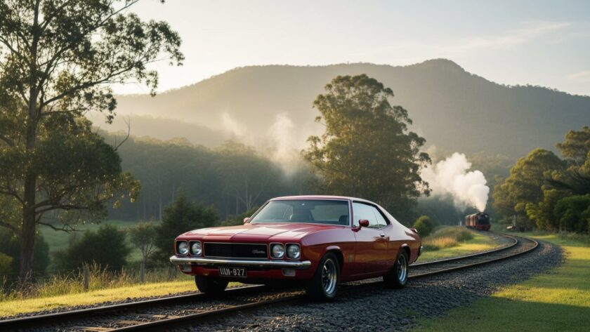 An epic moment photograph of a gleaming classic muscle car, possibly a Holden Monaro, parked beside the historic Puffing Billy railway tracks in Emerald, Victoria, with the Dandenong Ranges mistily in the background, showcasing the power and elegance of Emerald Victoria scenic drive automotive photography.