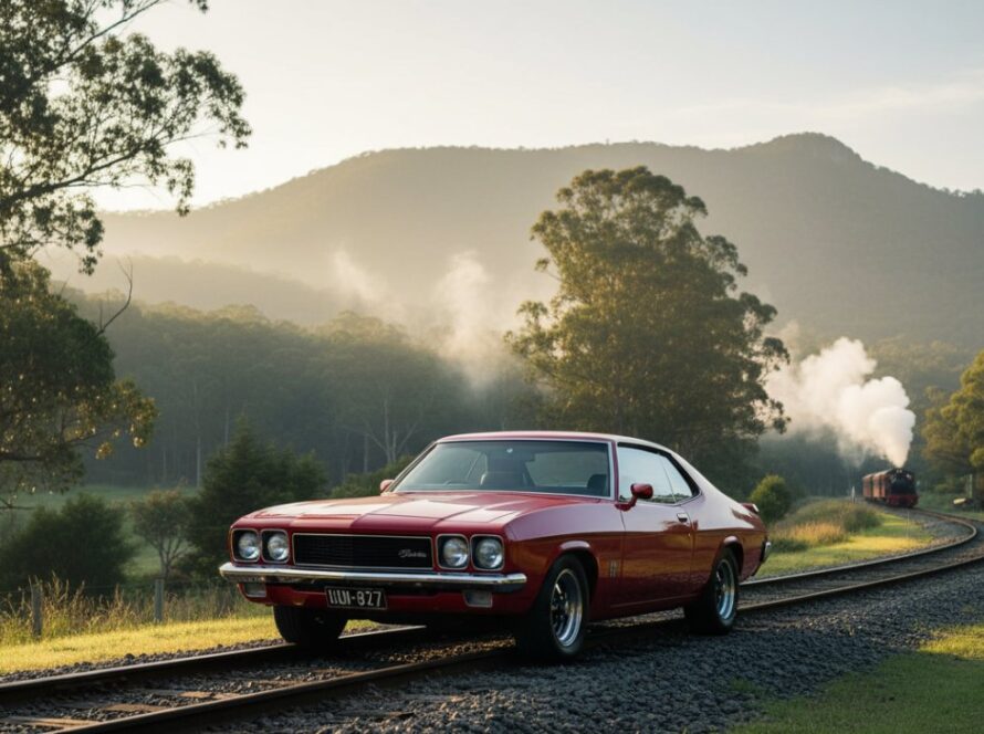 An epic moment photograph of a gleaming classic muscle car, possibly a Holden Monaro, parked beside the historic Puffing Billy railway tracks in Emerald, Victoria, with the Dandenong Ranges mistily in the background, showcasing the power and elegance of Emerald Victoria scenic drive automotive photography.