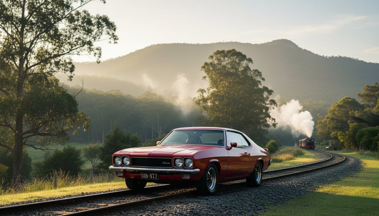 An epic moment photograph of a gleaming classic muscle car, possibly a Holden Monaro, parked beside the historic Puffing Billy railway tracks in Emerald, Victoria, with the Dandenong Ranges mistily in the background, showcasing the power and elegance of Emerald Victoria scenic drive automotive photography.