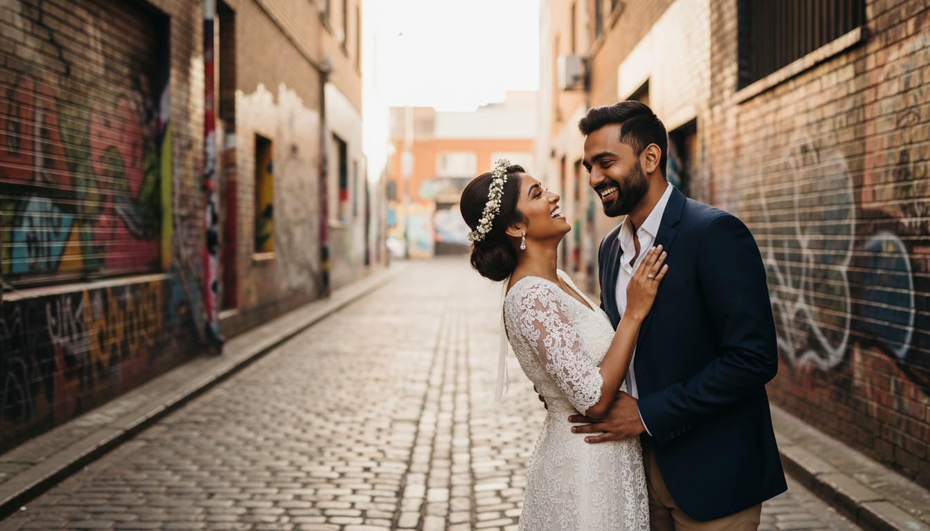 A high-end, candid photograph of a couple laughing joyfully in a vibrant Fitzroy laneway, adorned with street art and cobblestones, bathed in warm afternoon light. The style should be romantic, authentic, and reflect a fine-art aesthetic. Refer to a provided sample image for consistency in mood, style, and the appearance of the couple. Avoid any text on the image.
