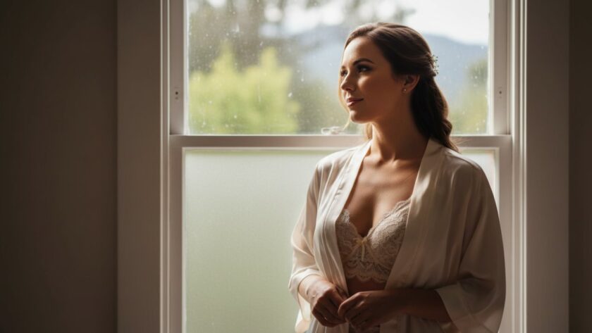 A stunning close-up portrait of a woman embracing her natural beauty during an empowering boudoir photography Belgrave South studio experience, bathed in soft, ethereal light from a large window, with lush Dandenong Ranges greenery softly blurred in the background, conveying confidence and serene vulnerability.