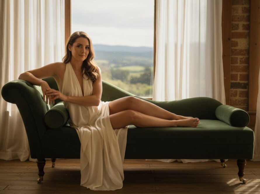 A breathtaking boudoir portrait of a confident woman in a Seville East studio, seated on a chaise lounge, draped in silk, bathed in dramatic golden hour light from a window, celebrating self-love and empowerment.