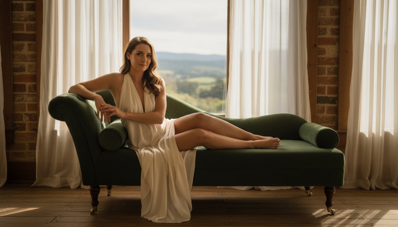 A breathtaking boudoir portrait of a confident woman in a Seville East studio, seated on a chaise lounge, draped in silk, bathed in dramatic golden hour light from a window, celebrating self-love and empowerment.