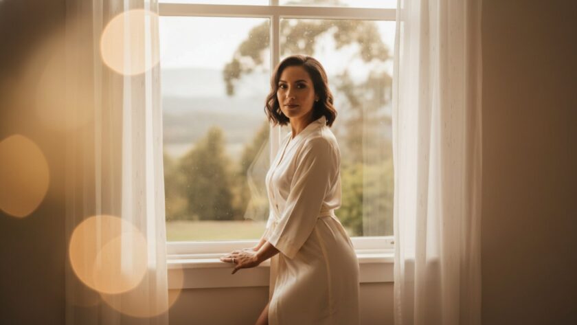 A stunning, soft-focus portrait of a woman radiating confidence and serenity during an Empowering Boudoir Photography Experience Upwey, bathed in warm, natural light from a window, celebrating her authentic self.