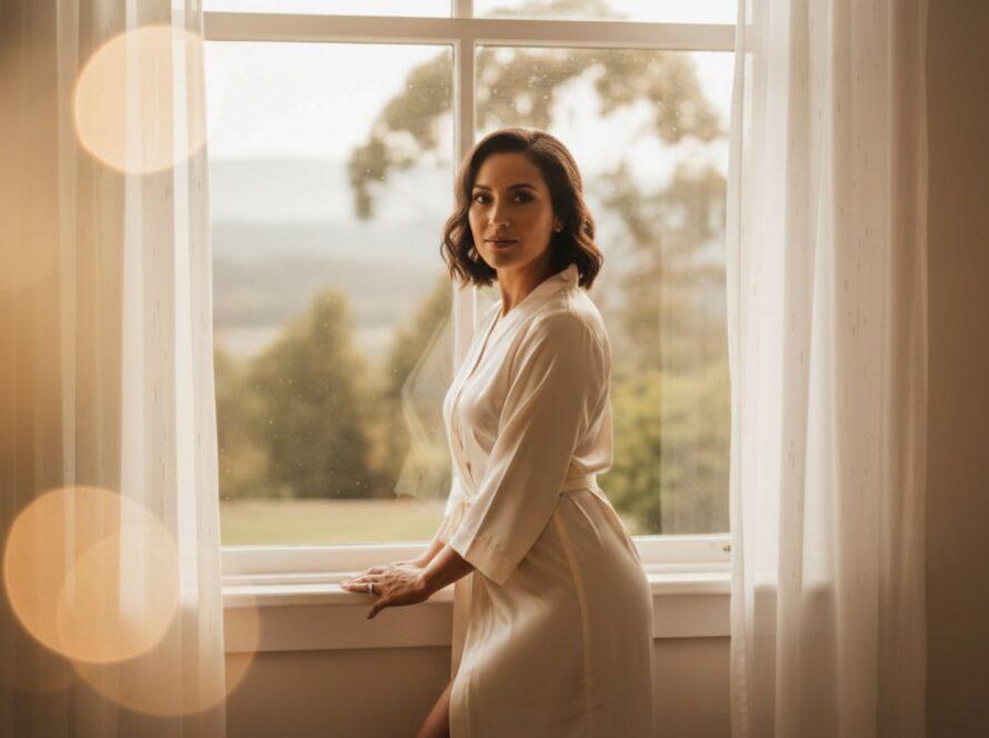 A stunning, soft-focus portrait of a woman radiating confidence and serenity during an Empowering Boudoir Photography Experience Upwey, bathed in warm, natural light from a window, celebrating her authentic self.