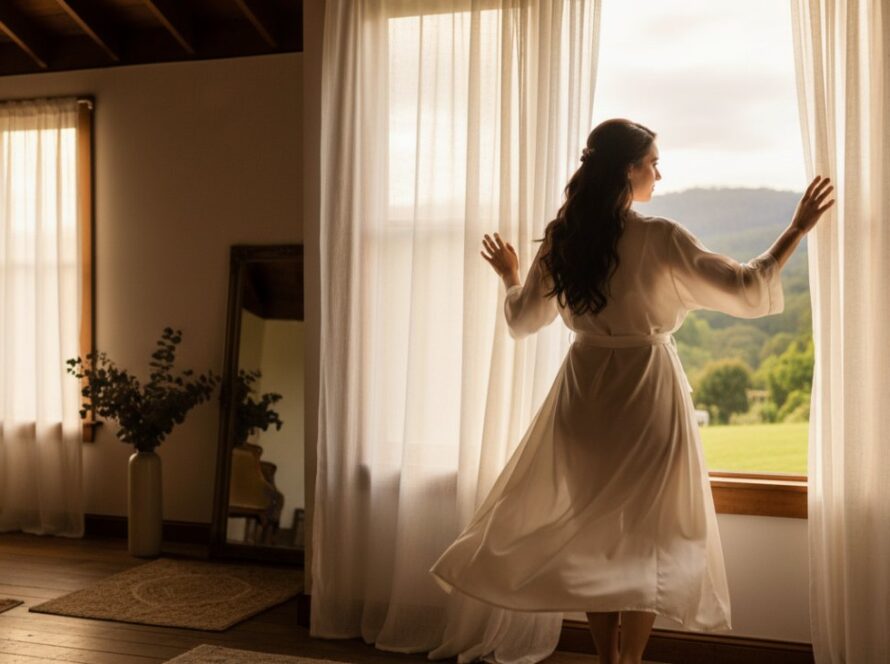 An intimate and empowering boudoir photography moment captured in The Patch, Victoria, featuring a woman softly lit by natural light, exuding confidence and grace in a beautifully composed shot that embodies self-love and elegance.