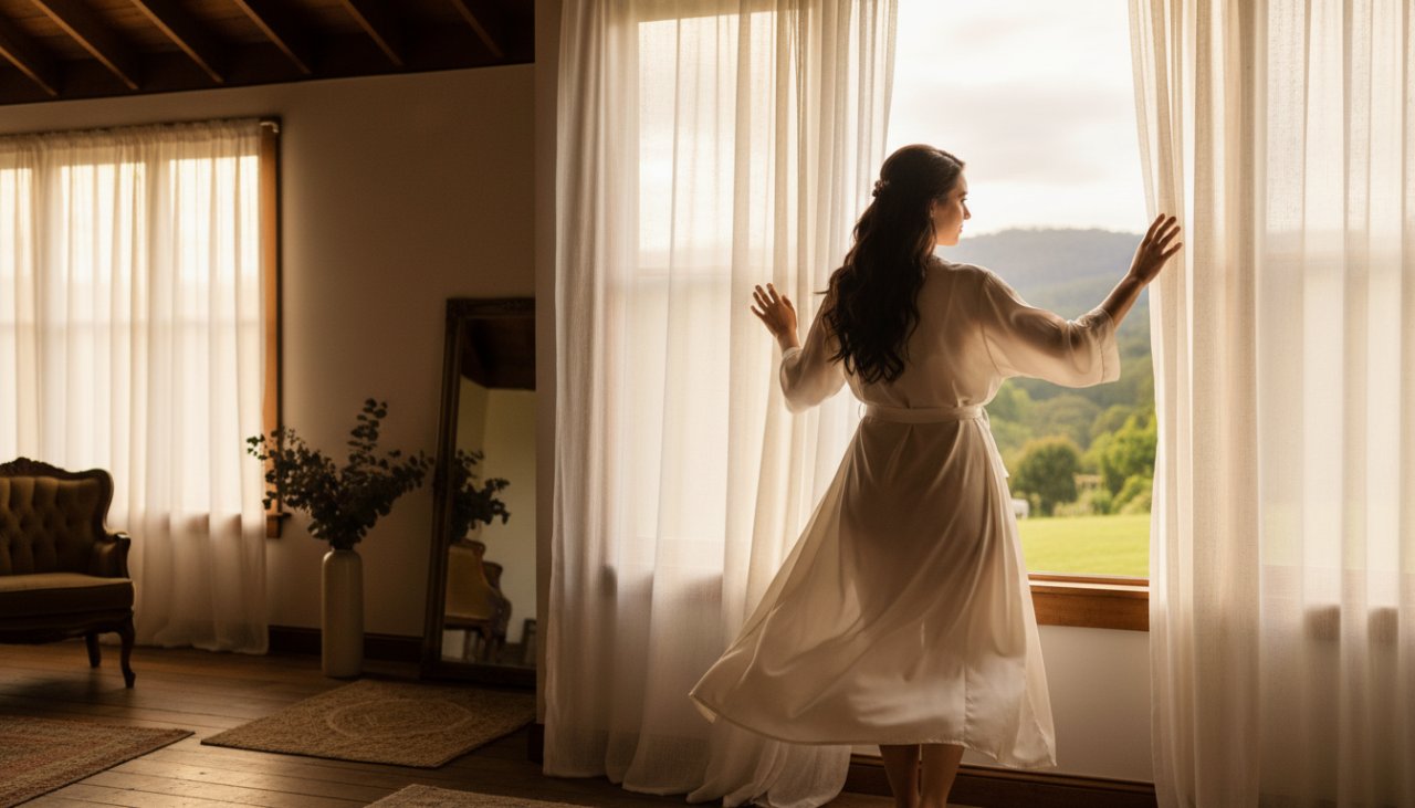 An intimate and empowering boudoir photography moment captured in The Patch, Victoria, featuring a woman softly lit by natural light, exuding confidence and grace in a beautifully composed shot that embodies self-love and elegance.