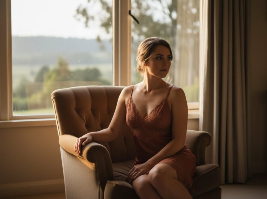 An empowering boudoir photoshoot Chum Creek Victoria captured, featuring a woman in elegant lace, bathed in soft, natural light filtering through gum trees at dawn, exuding confidence and serenity amidst the lush Victorian landscape.