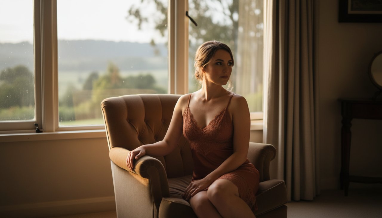 An empowering boudoir photoshoot Chum Creek Victoria captured, featuring a woman in elegant lace, bathed in soft, natural light filtering through gum trees at dawn, exuding confidence and serenity amidst the lush Victorian landscape.