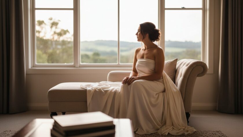 A stunning, soft-focus portrait capturing an intimate and elegant moment of a woman exuding confidence and serenity, illuminated by golden hour light streaming through a window in a sophisticated Somerville setting, highlighting the transformative power of an empowering boudoir photoshoot Somerville VIC.