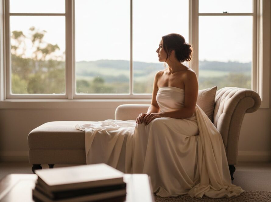A stunning, soft-focus portrait capturing an intimate and elegant moment of a woman exuding confidence and serenity, illuminated by golden hour light streaming through a window in a sophisticated Somerville setting, highlighting the transformative power of an empowering boudoir photoshoot Somerville VIC.