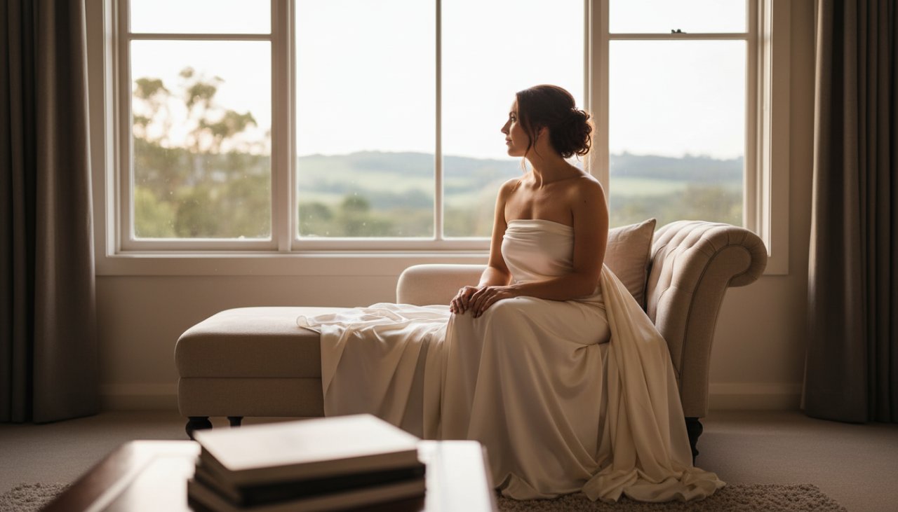 A stunning, soft-focus portrait capturing an intimate and elegant moment of a woman exuding confidence and serenity, illuminated by golden hour light streaming through a window in a sophisticated Somerville setting, highlighting the transformative power of an empowering boudoir photoshoot Somerville VIC.