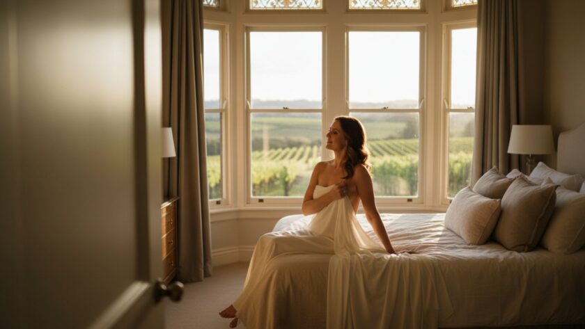 An 'epic moment' style photograph capturing a woman's radiant confidence during an empowering boudoir photoshoot Yarra Glen Victoria, set against the soft, natural light of a luxurious Yarra Valley retreat, showcasing her elegance and strength.