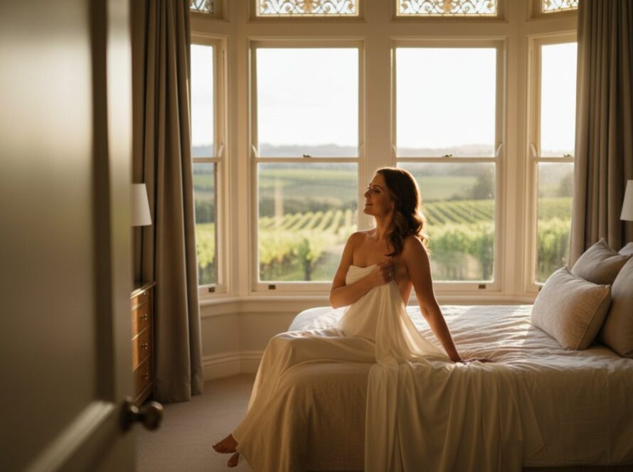 An 'epic moment' style photograph capturing a woman's radiant confidence during an empowering boudoir photoshoot Yarra Glen Victoria, set against the soft, natural light of a luxurious Yarra Valley retreat, showcasing her elegance and strength.