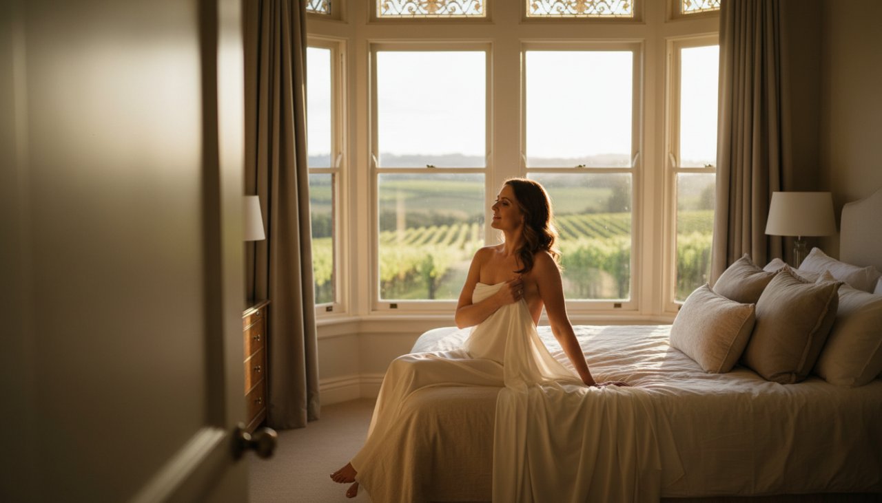 An 'epic moment' style photograph capturing a woman's radiant confidence during an empowering boudoir photoshoot Yarra Glen Victoria, set against the soft, natural light of a luxurious Yarra Valley retreat, showcasing her elegance and strength.