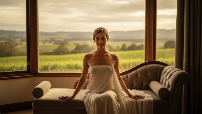 An intimate and empowering boudoir photoshoot in Yering, Victoria, capturing a woman's confident and radiant gaze amidst the soft, natural light of a luxurious Yarra Valley suite, showcasing her unique beauty and strength.