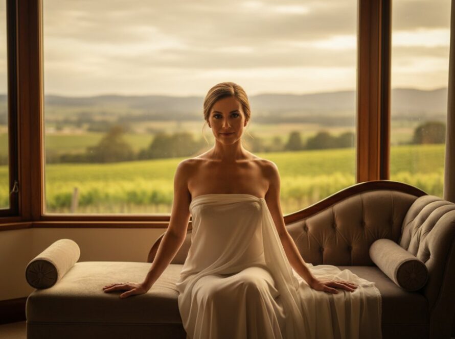 An intimate and empowering boudoir photoshoot in Yering, Victoria, capturing a woman's confident and radiant gaze amidst the soft, natural light of a luxurious Yarra Valley suite, showcasing her unique beauty and strength.