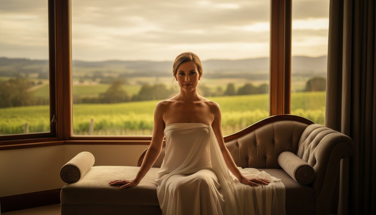 An intimate and empowering boudoir photoshoot in Yering, Victoria, capturing a woman's confident and radiant gaze amidst the soft, natural light of a luxurious Yarra Valley suite, showcasing her unique beauty and strength.