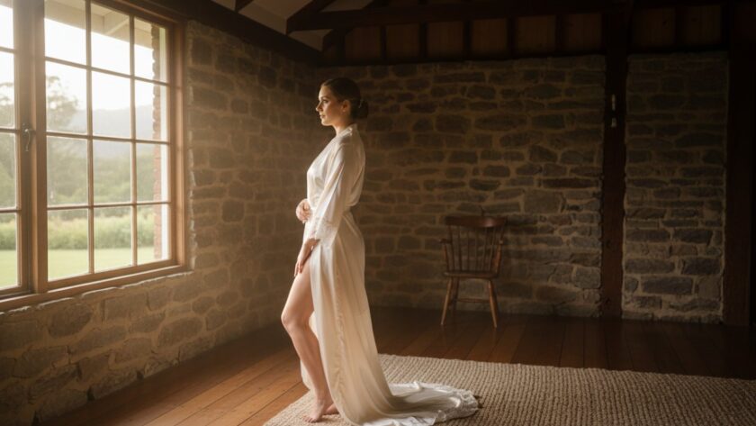 An empowering Gembrook boudoir photoshoot experience showing a confident woman in a beautifully lit, rustic Gembrook setting, looking out thoughtfully, capturing a moment of serene self-reflection and strength.