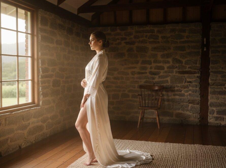 An empowering Gembrook boudoir photoshoot experience showing a confident woman in a beautifully lit, rustic Gembrook setting, looking out thoughtfully, capturing a moment of serene self-reflection and strength.