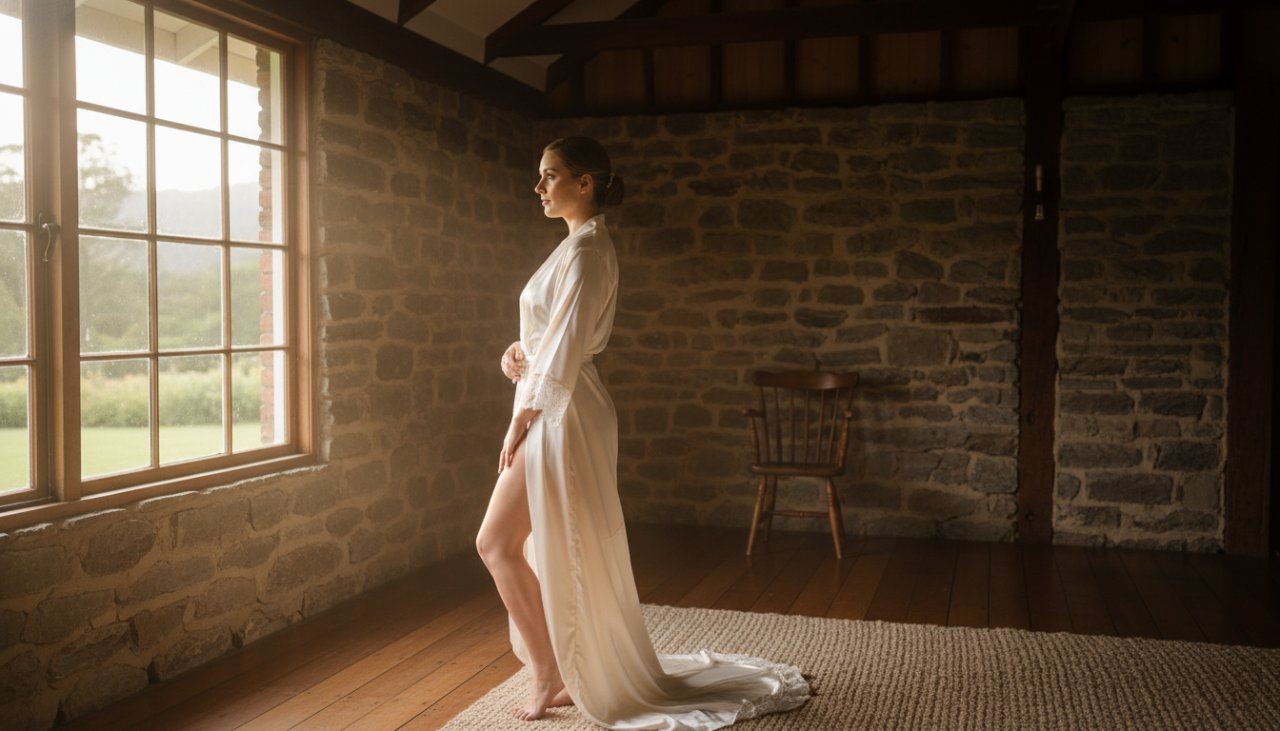 An empowering Gembrook boudoir photoshoot experience showing a confident woman in a beautifully lit, rustic Gembrook setting, looking out thoughtfully, capturing a moment of serene self-reflection and strength.