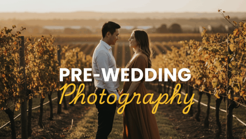 A moody, cinematic street-style photograph capturing a couple in a romantic pre-wedding moment in Chirnside Park, Victoria, with 'PRE-WEDDING' in bold white sans-serif and 'Photography' in elegant yellow cursive overlaid.