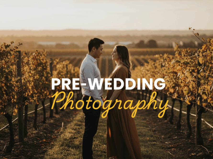 A moody, cinematic street-style photograph capturing a couple in a romantic pre-wedding moment in Chirnside Park, Victoria, with 'PRE-WEDDING' in bold white sans-serif and 'Photography' in elegant yellow cursive overlaid.