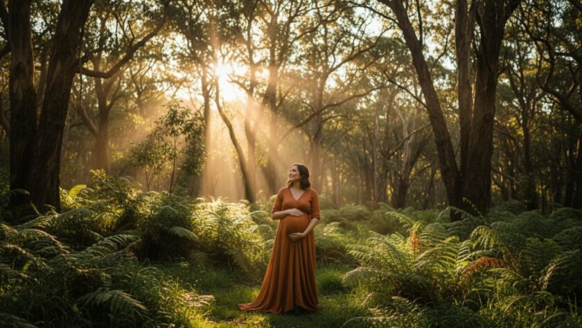 A radiant expectant mother in a flowing gown, embracing her baby bump amidst the dappled golden light of a towering fern forest in Cockatoo, Victoria, Australia, captured with enchanting Cockatoo maternity photography Victoria.