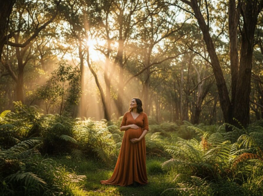 A radiant expectant mother in a flowing gown, embracing her baby bump amidst the dappled golden light of a towering fern forest in Cockatoo, Victoria, Australia, captured with enchanting Cockatoo maternity photography Victoria.