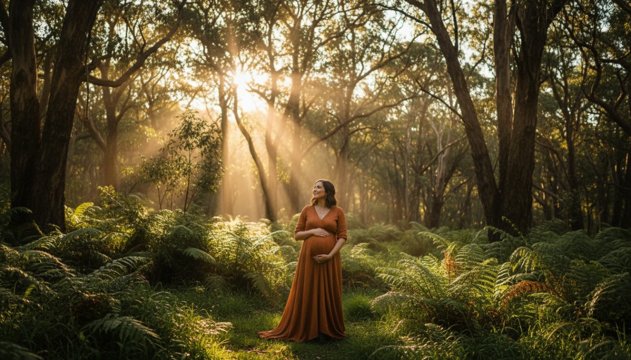 A radiant expectant mother in a flowing gown, embracing her baby bump amidst the dappled golden light of a towering fern forest in Cockatoo, Victoria, Australia, captured with enchanting Cockatoo maternity photography Victoria.