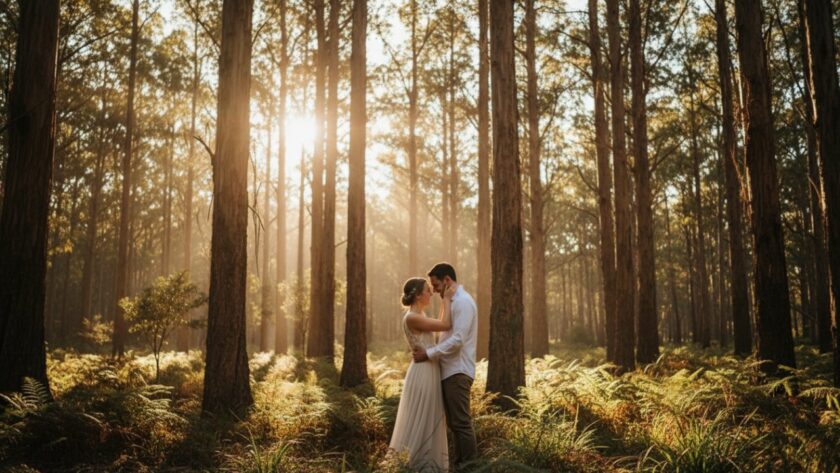 An emotionally resonant, cinematic photograph capturing a couple sharing an intimate moment amidst the lush, sun-dappled eucalyptus forest of Cockatoo, Victoria, perfectly embodying enchanting Cockatoo Victoria pre-wedding forest photography. The couple is laughing softly, bathed in golden hour light, with towering gum trees forming a natural cathedral around them. This epic moment showcases the serene beauty of a pre-wedding shoot in nature.