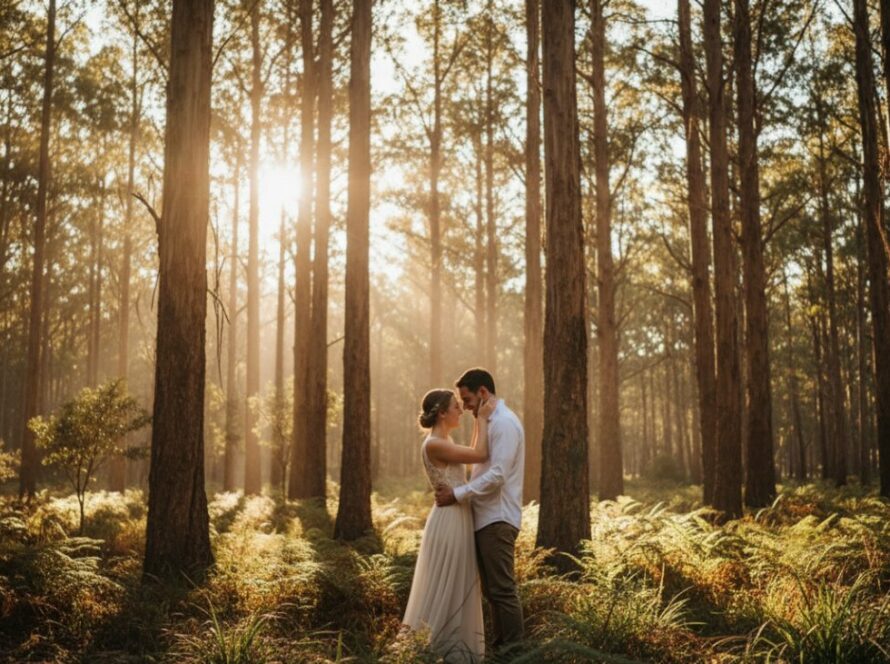 An emotionally resonant, cinematic photograph capturing a couple sharing an intimate moment amidst the lush, sun-dappled eucalyptus forest of Cockatoo, Victoria, perfectly embodying enchanting Cockatoo Victoria pre-wedding forest photography. The couple is laughing softly, bathed in golden hour light, with towering gum trees forming a natural cathedral around them. This epic moment showcases the serene beauty of a pre-wedding shoot in nature.