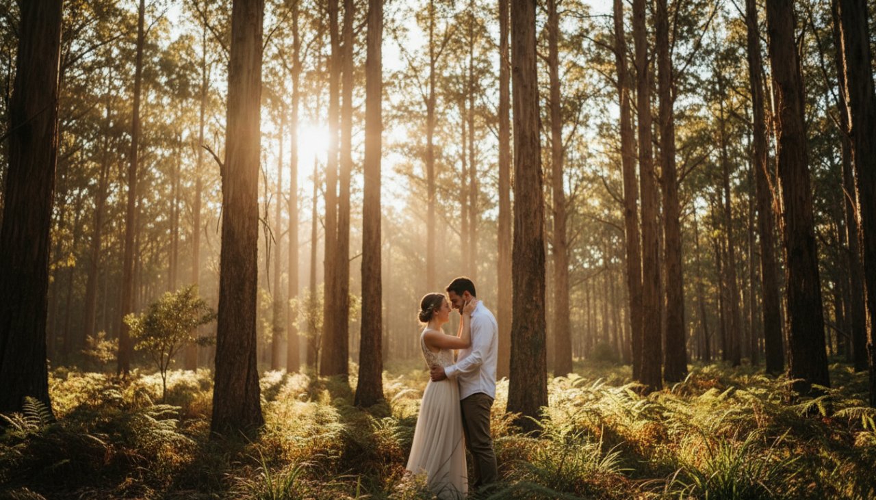 An emotionally resonant, cinematic photograph capturing a couple sharing an intimate moment amidst the lush, sun-dappled eucalyptus forest of Cockatoo, Victoria, perfectly embodying enchanting Cockatoo Victoria pre-wedding forest photography. The couple is laughing softly, bathed in golden hour light, with towering gum trees forming a natural cathedral around them. This epic moment showcases the serene beauty of a pre-wedding shoot in nature.