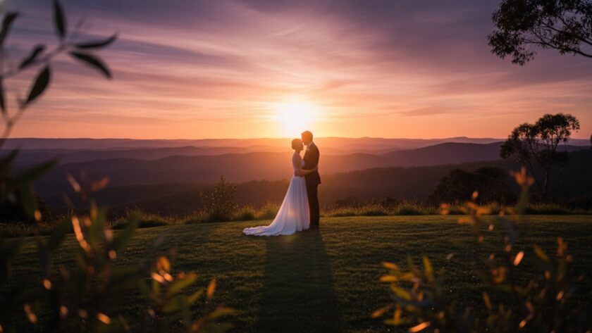 An enchanting Cockatoo wedding photography amidst Dandenongs moment featuring a bridal couple embracing passionately at sunset, silhouetted against the majestic Dandenong Ranges, capturing an epic, cinematic feel.