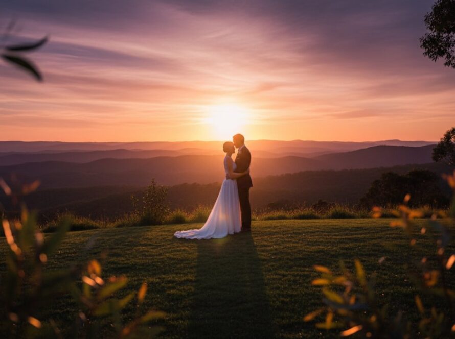 An enchanting Cockatoo wedding photography amidst Dandenongs moment featuring a bridal couple embracing passionately at sunset, silhouetted against the majestic Dandenong Ranges, capturing an epic, cinematic feel.