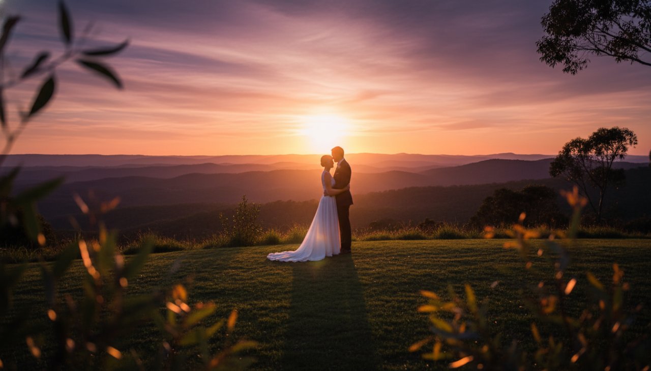 An enchanting Cockatoo wedding photography amidst Dandenongs moment featuring a bridal couple embracing passionately at sunset, silhouetted against the majestic Dandenong Ranges, capturing an epic, cinematic feel.