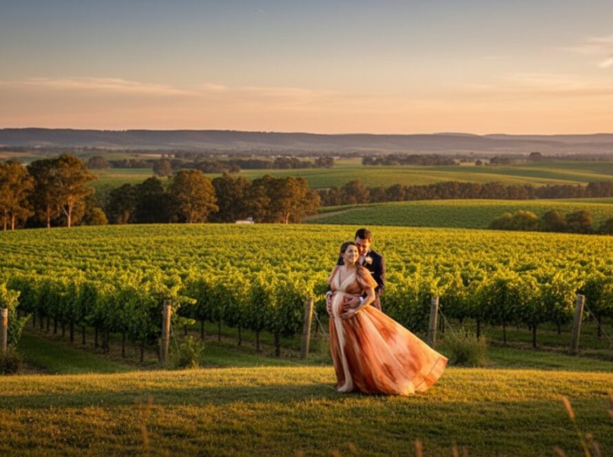 A pregnant woman, in an elegant flowing gown, stands silhouetted against a golden sunset over the rolling hills of Coldstream, Victoria, capturing the enchanting Coldstream maternity photography Yarra Valley moment with a breathtaking view of vineyards and distant mountains.