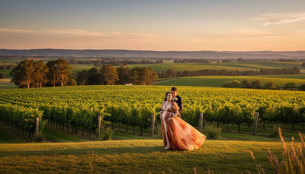 A pregnant woman, in an elegant flowing gown, stands silhouetted against a golden sunset over the rolling hills of Coldstream, Victoria, capturing the enchanting Coldstream maternity photography Yarra Valley moment with a breathtaking view of vineyards and distant mountains.