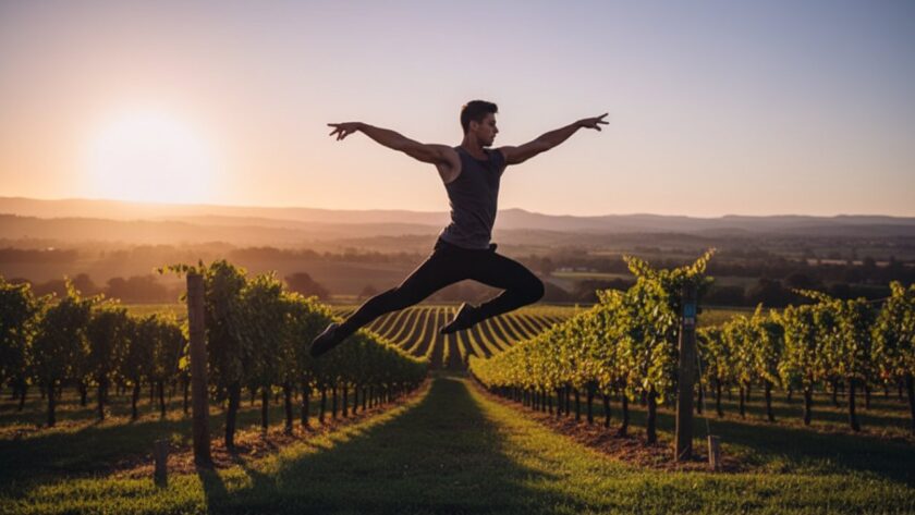 An enchanting dance photography Yering Estate Victoria scene, featuring a ballerina in a dynamic leap against the soft golden light of a Yering vineyard at sunset, capturing an epic moment of grace.