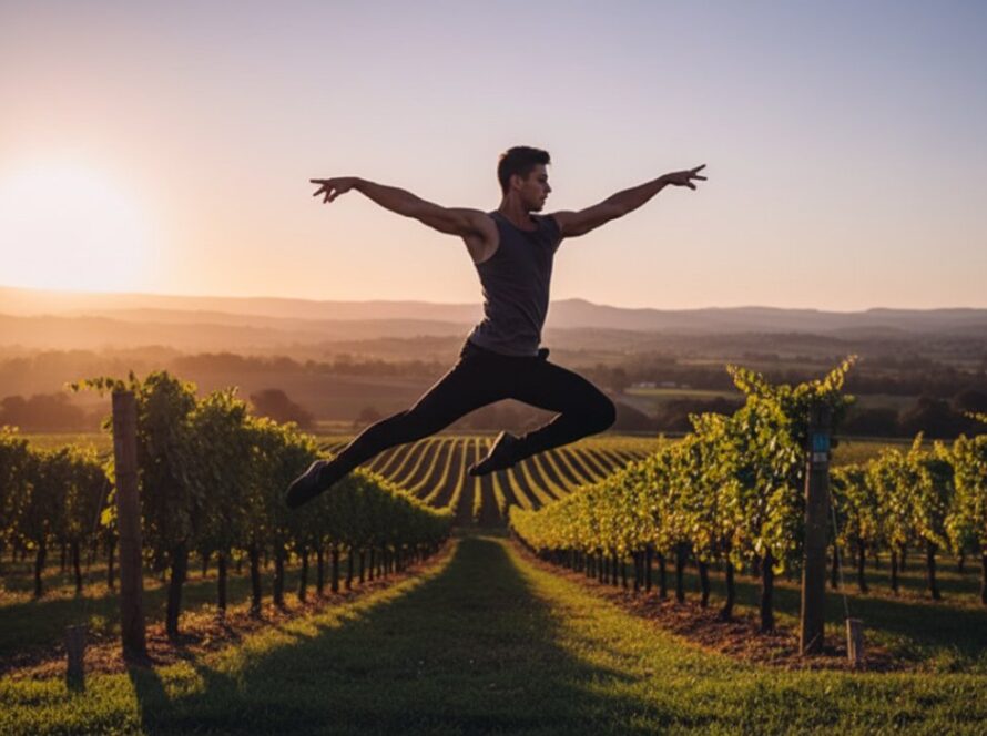 An enchanting dance photography Yering Estate Victoria scene, featuring a ballerina in a dynamic leap against the soft golden light of a Yering vineyard at sunset, capturing an epic moment of grace.